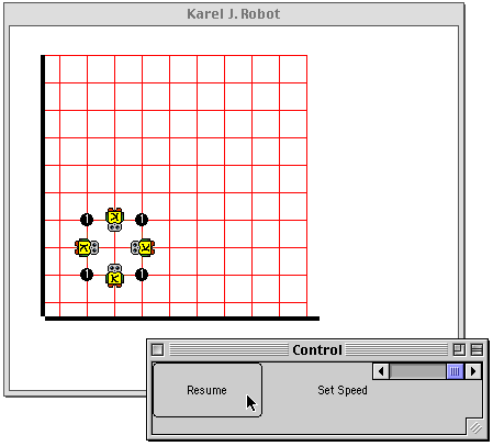 (Image of four robot philosophers in a world with beeper forks)