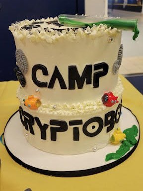 Camp CryptoBot themed cake front view
